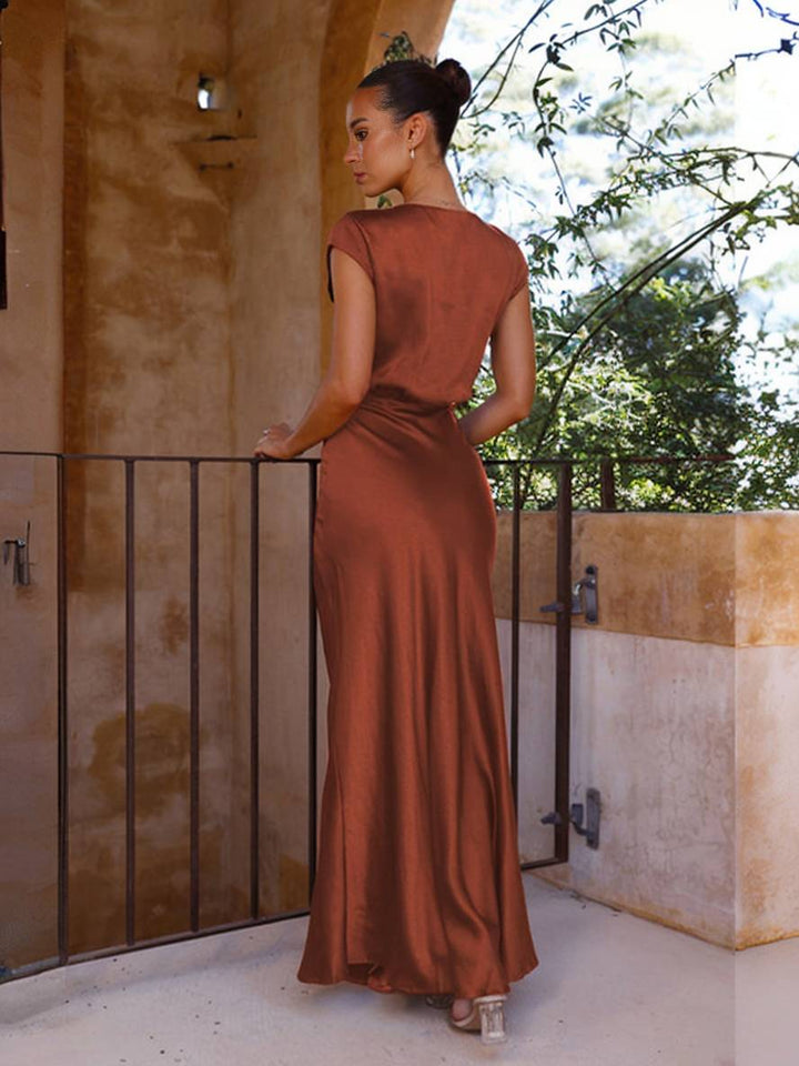 Drune | Satin Kleid Trauzeugin Passform Meerjungfrau V-Ausschnitt Cap Ärmel Elegantes Abendkleid für Hochzeit