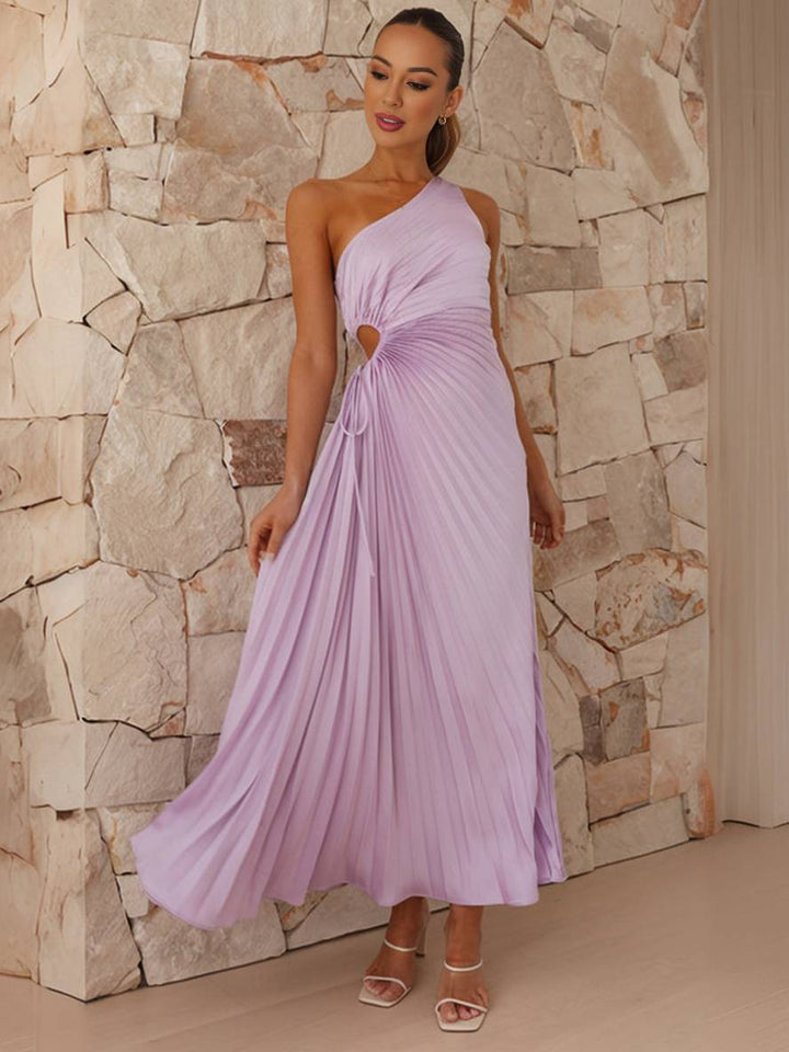 Drune | Langes Plissee Trapezkleid Ein Schulter Ohne Ärmel Damen Elegant Ball Prom Gast Hochzeit Cocktail