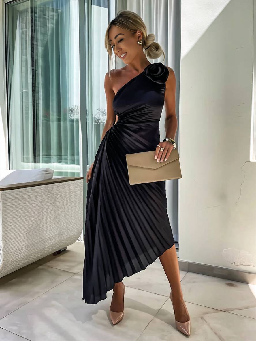 Drune | Langes Ein-Schulter Plisseekleid Ärmellos Weiblich Elegant Casual Prom Strand