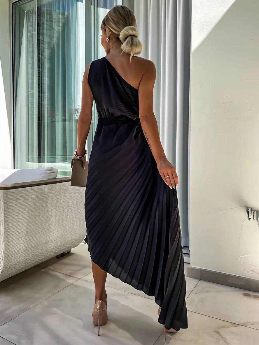 Drune | Langes Ein-Schulter Plisseekleid Ärmellos Weiblich Elegant Casual Prom Strand
