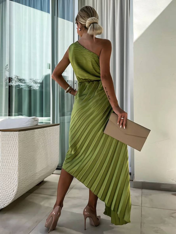 Drune | Langes Ein-Schulter Plisseekleid Ärmellos Weiblich Elegant Casual Prom Strand