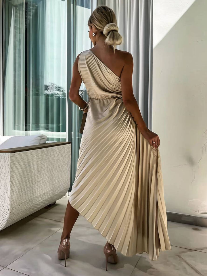 Drune | Langes Ein-Schulter Plisseekleid Ärmellos Weiblich Elegant Casual Prom Strand