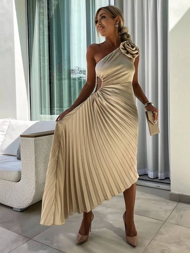 Drune | Langes Ein-Schulter Plisseekleid Ärmellos Weiblich Elegant Casual Prom Strand