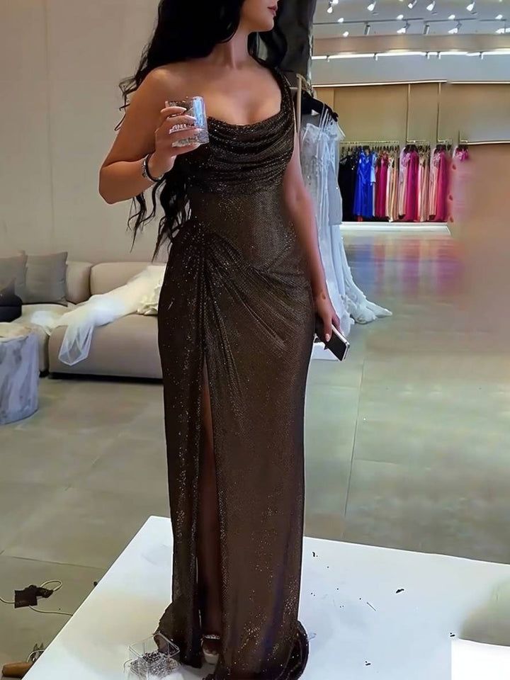 Drune | Langes Fitted Unregelmäßiges Seitenriss Ärmellos Elegant Damen Ball Prom Abendkleid