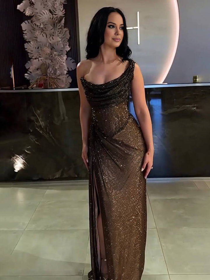 Drune | Langes Fitted Unregelmäßiges Seitenriss Ärmellos Elegant Damen Ball Prom Abendkleid