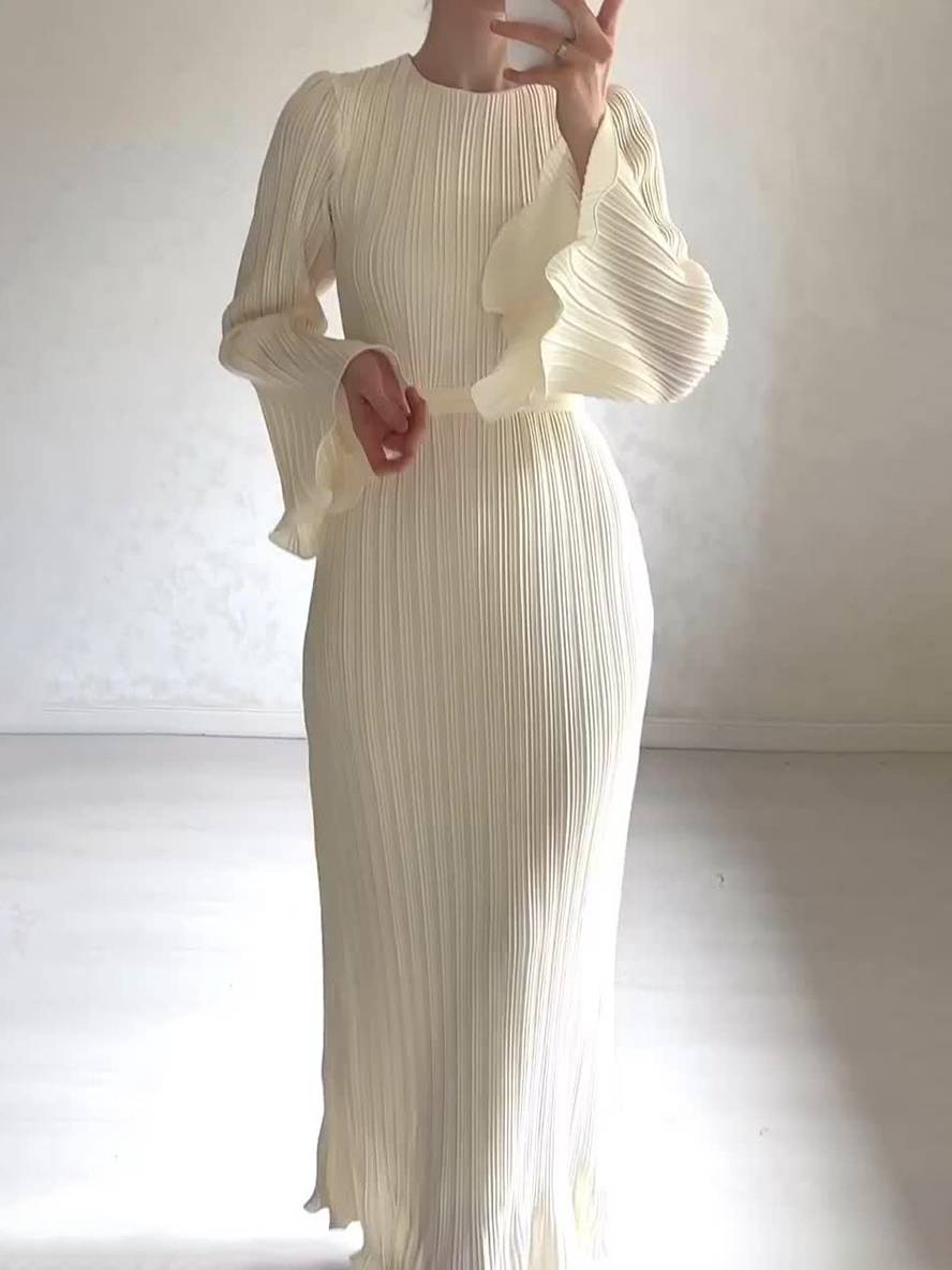 Drune | Langes Fließendes Kleid Gürtel Rundhals Trompetenärmel Elegant Prom Abend