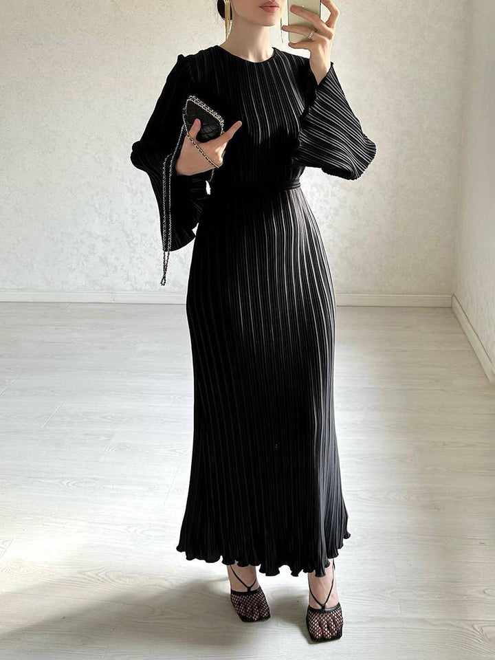 Drune | Langes Fließendes Kleid Gürtel Rundhals Trompetenärmel Elegant Prom Abend