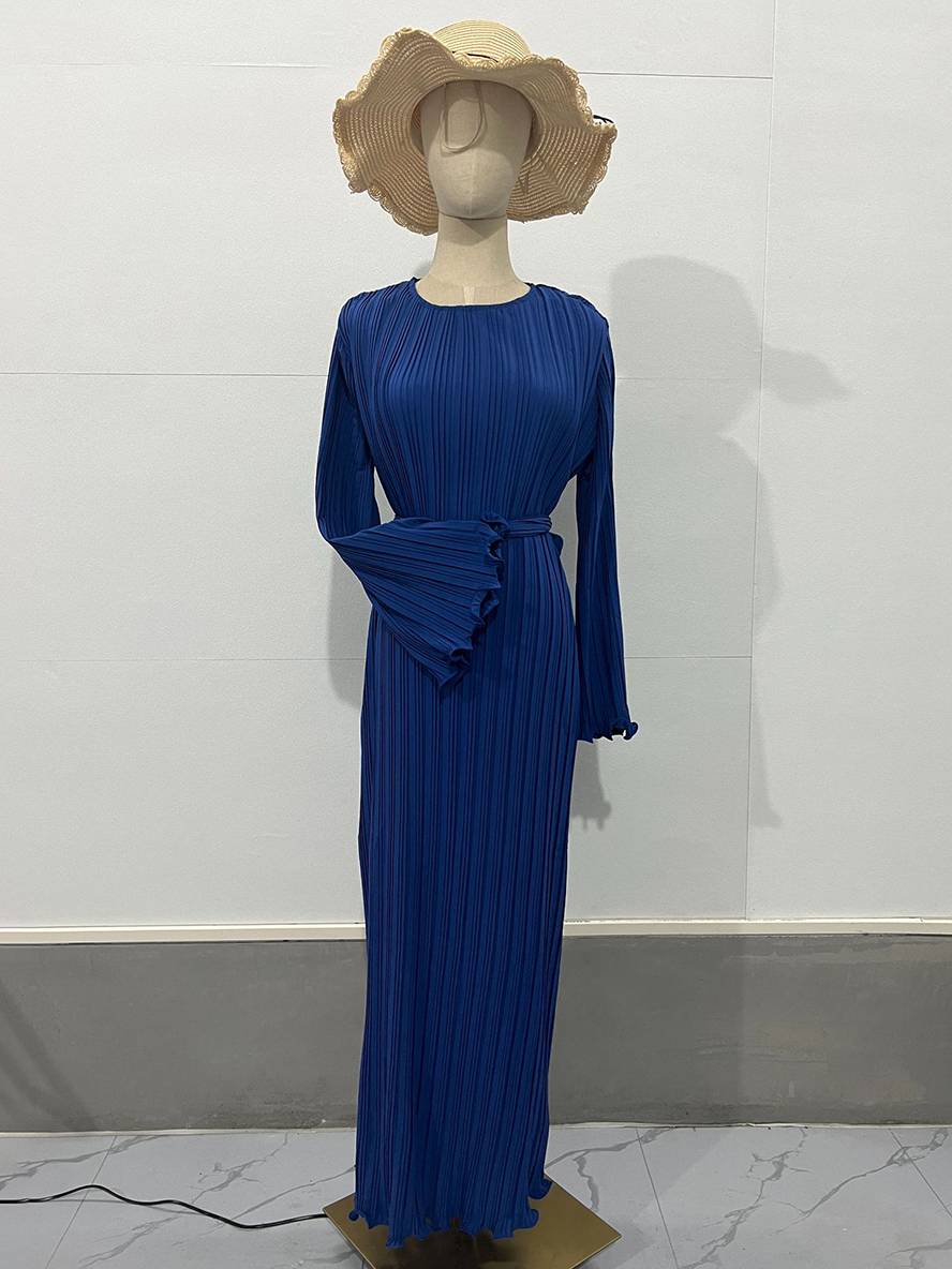 Drune | Langes Fließendes Kleid Gürtel Rundhals Trompetenärmel Elegant Prom Abend