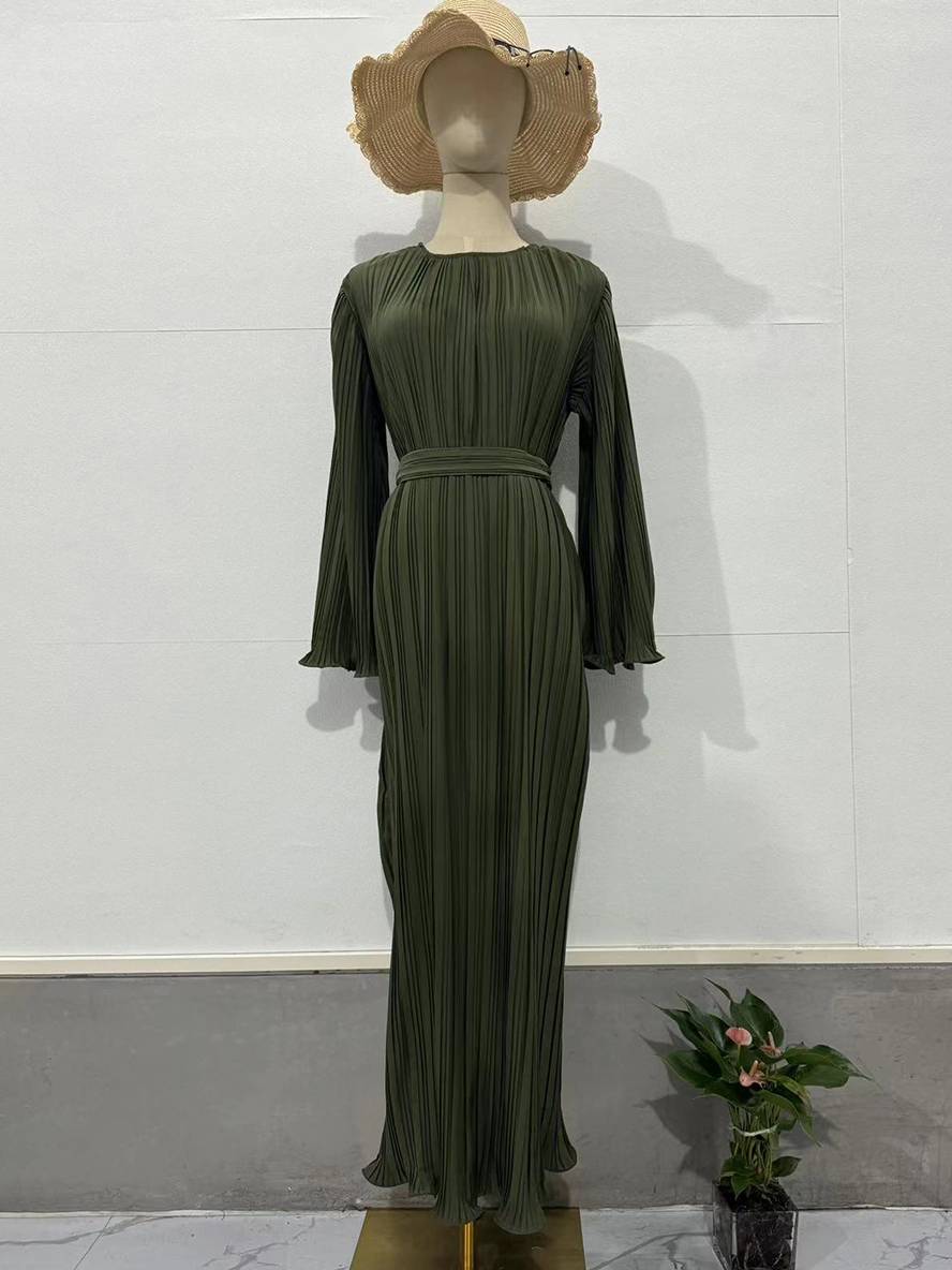 Drune | Langes Fließendes Kleid Gürtel Rundhals Trompetenärmel Elegant Prom Abend
