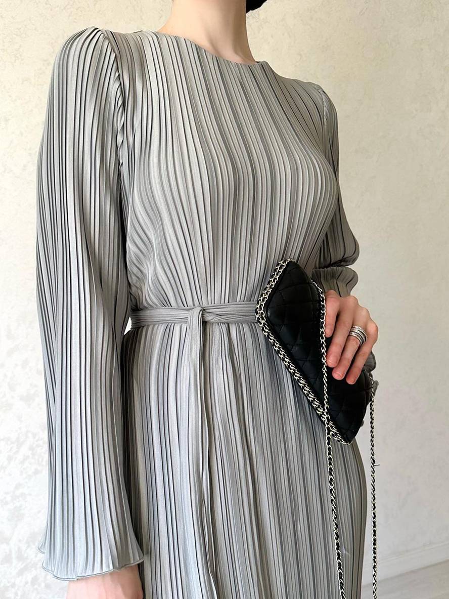 Drune | Langes Fließendes Kleid Gürtel Rundhals Trompetenärmel Elegant Prom Abend