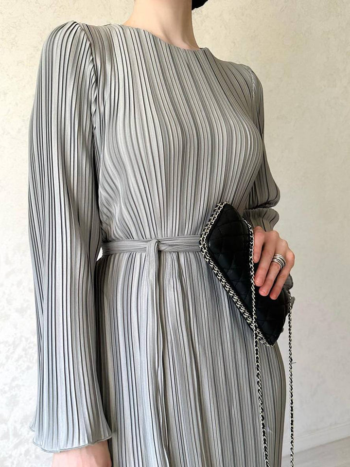 Drune | Langes Fließendes Kleid Gürtel Rundhals Trompetenärmel Elegant Prom Abend