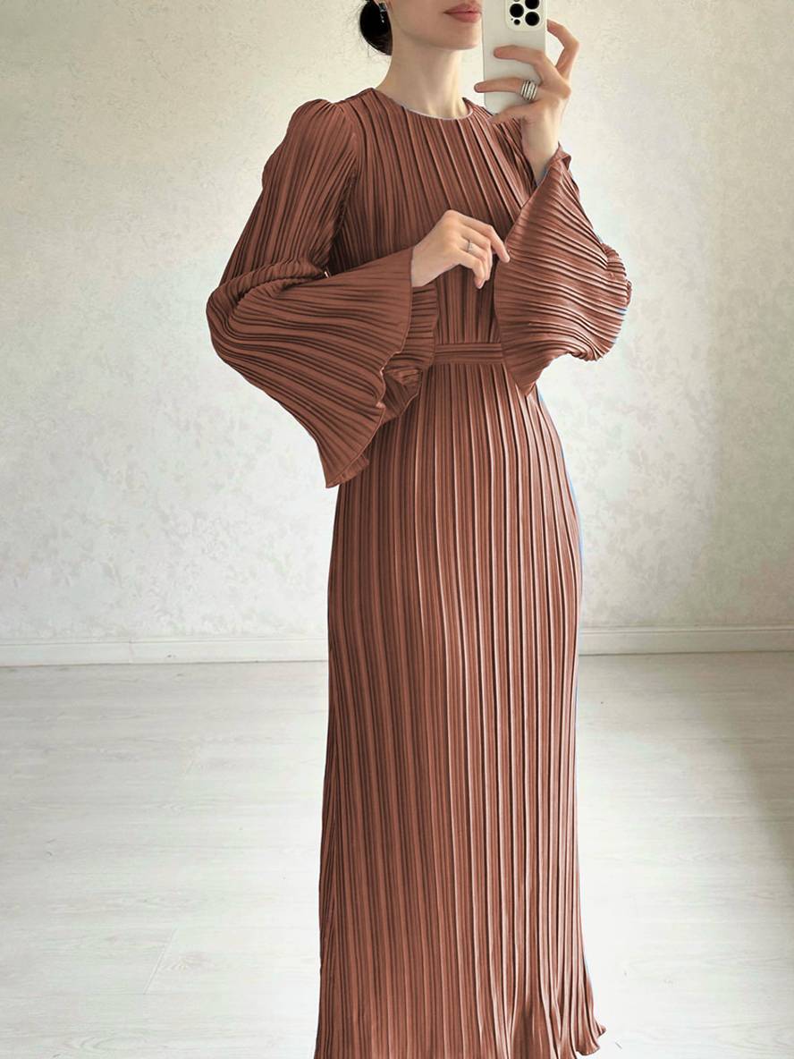 Drune | Langes Fließendes Kleid Gürtel Rundhals Trompetenärmel Elegant Prom Abend