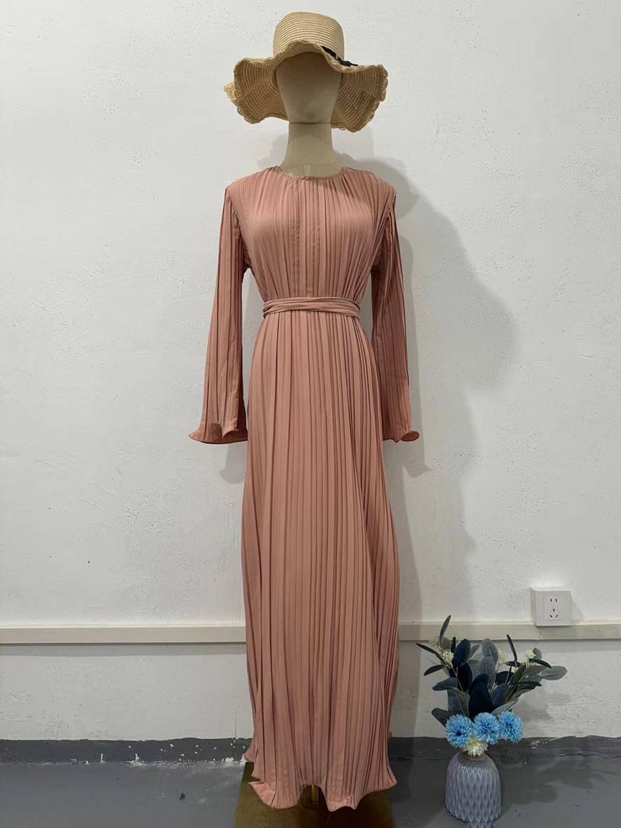 Drune | Langes Fließendes Kleid Gürtel Rundhals Trompetenärmel Elegant Prom Abend