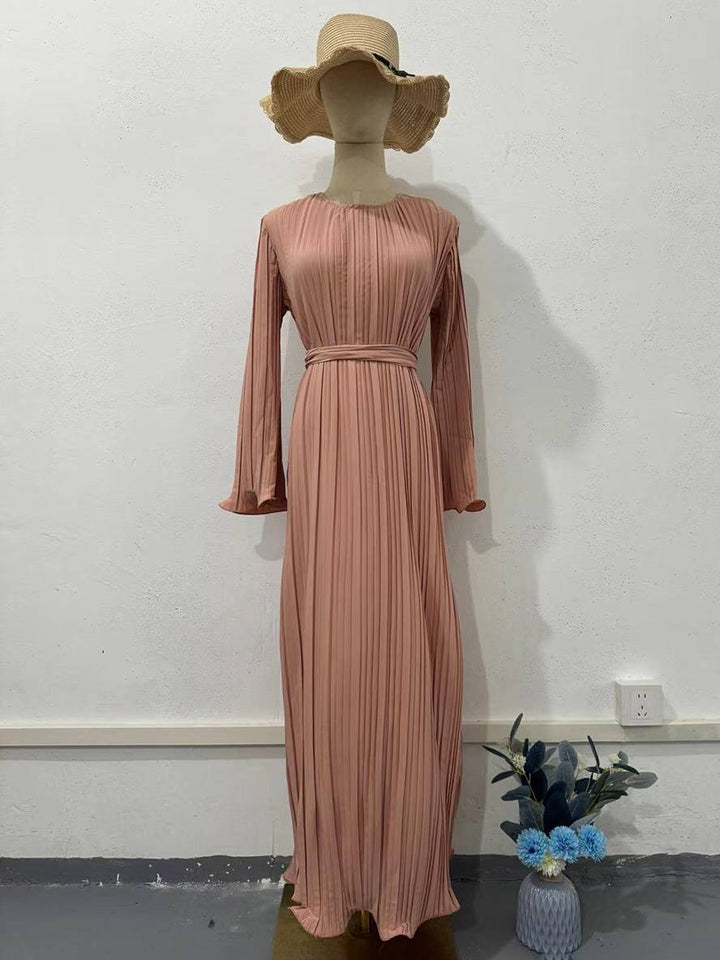 Drune | Langes Fließendes Kleid Gürtel Rundhals Trompetenärmel Elegant Prom Abend