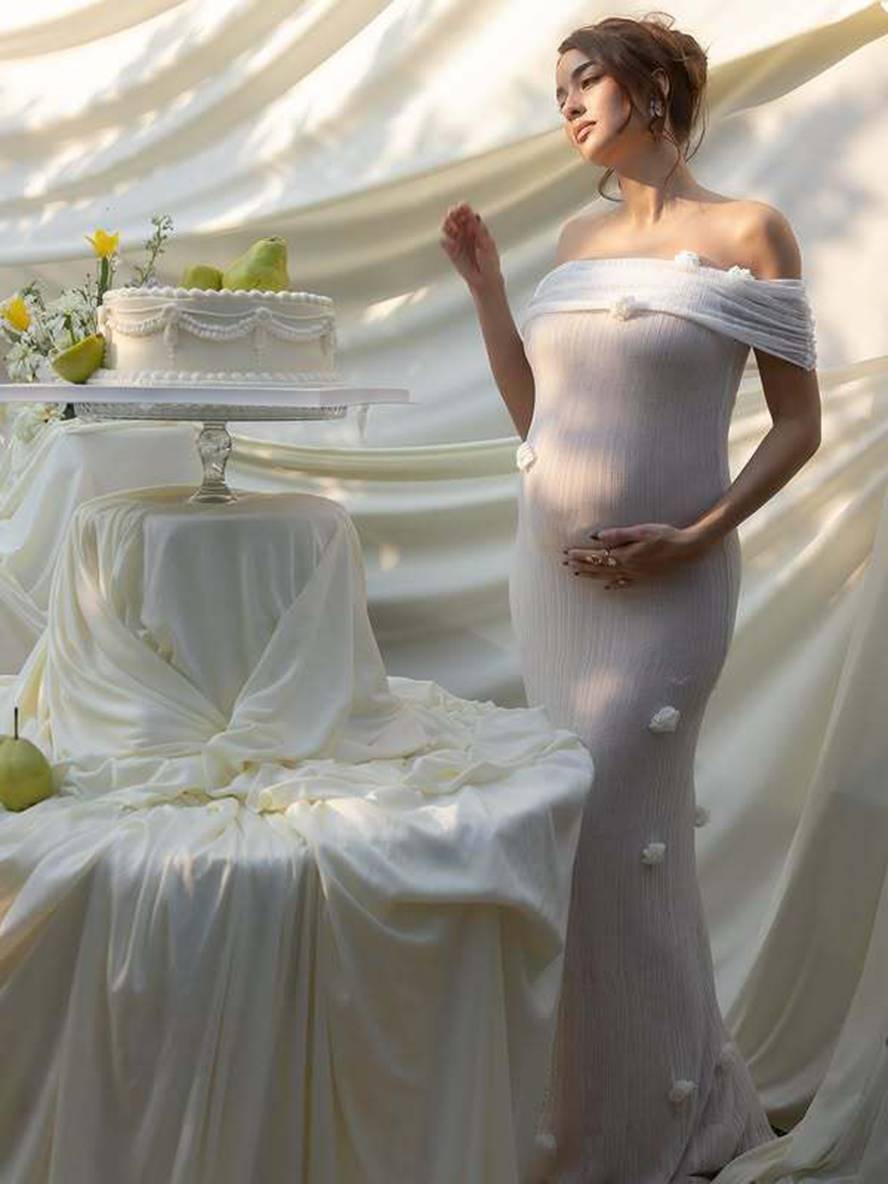 Drune | Schwangere Enganliegendes Tüllkleid Ohne Ärmel Elegantes Abendkleid für Hochzeit Fotoshooting