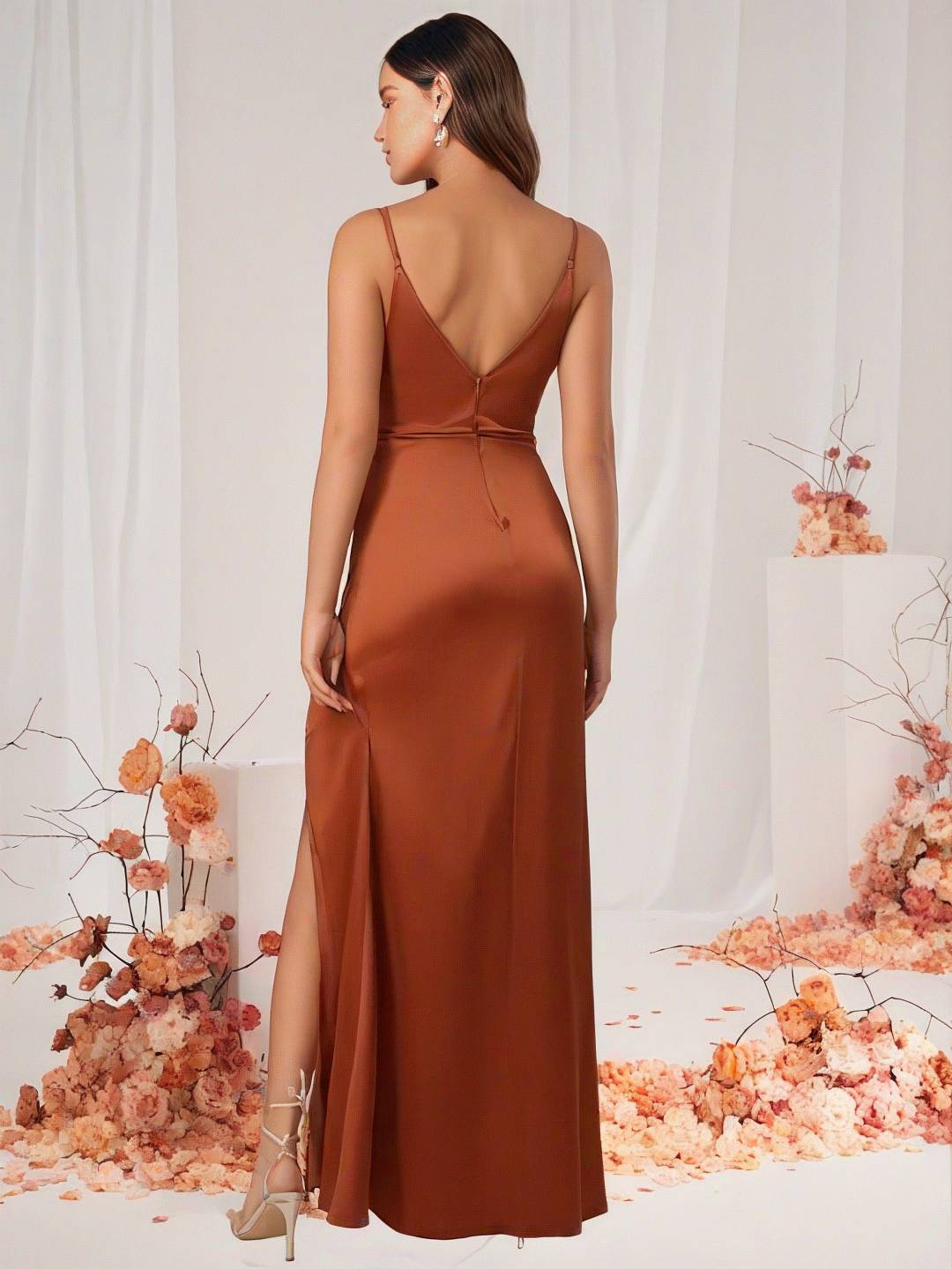 Drune | Brautjungfernkleid Satin V-Ausschnitt Geteilter Rücken Ärmelloses Abendgast Hochzeitskleid