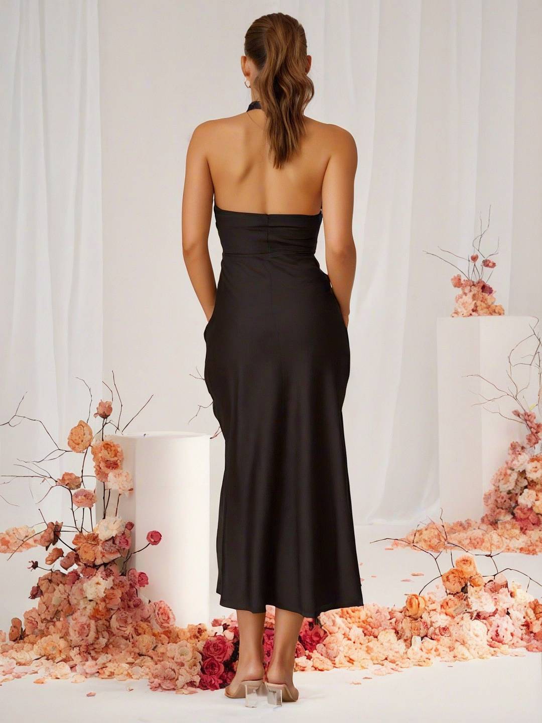 Drune | Brautjungfernkleid Satin Halter Offene Rückseite Ärmellos Elegant Hochzeit Cocktail Zeremonie Gast