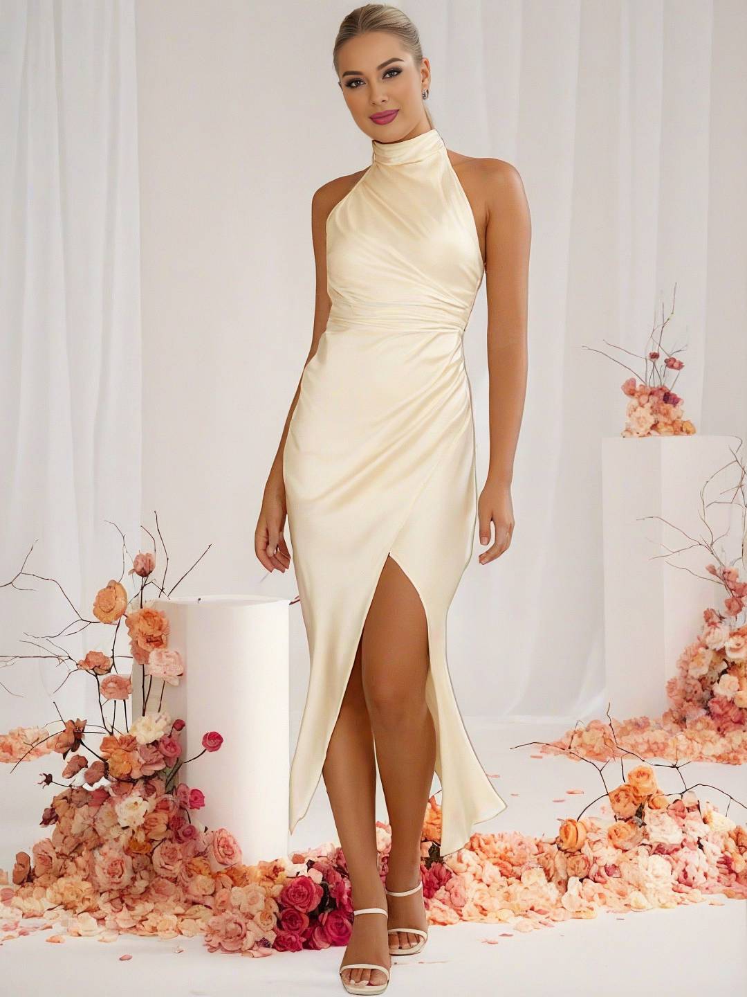 Drune | Brautjungfernkleid Satin Halter Offene Rückseite Ärmellos Elegant Hochzeit Cocktail Zeremonie Gast