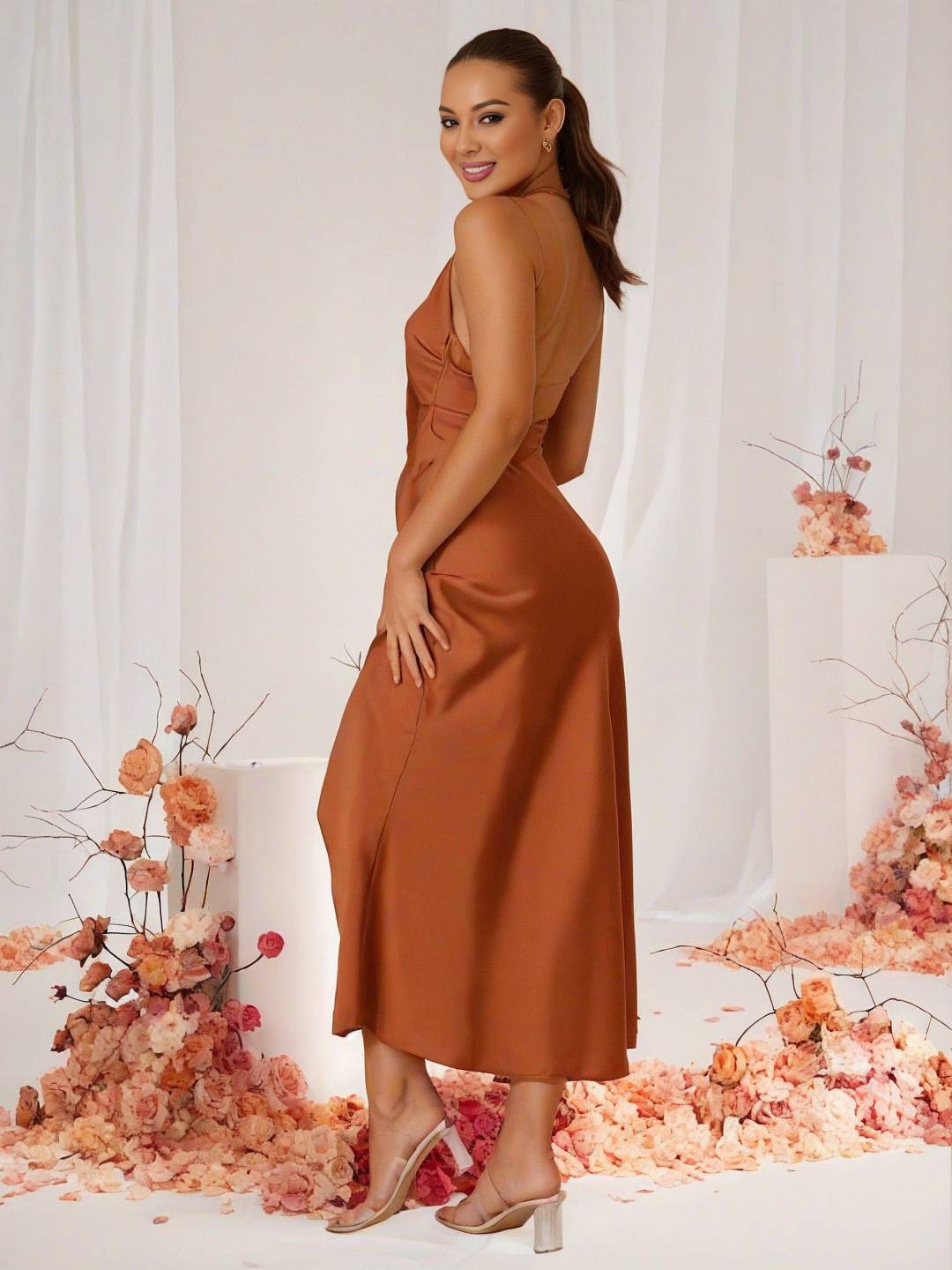 Drune | Brautjungfernkleid Satin Halter Offene Rückseite Ärmellos Elegant Hochzeit Cocktail Zeremonie Gast