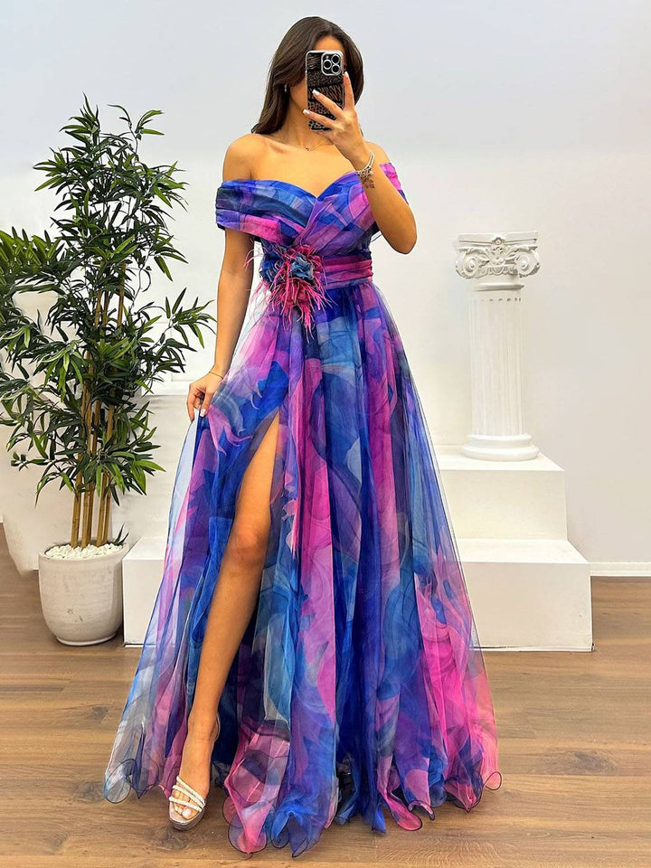 Drune | Herrliches Langes Kleid aus Bedrucktem Tüll mit Floralem Bootsausschnitt, Schlitzseite, Ärmellos, Elegant, Vintage, Abendkleid für Frauen