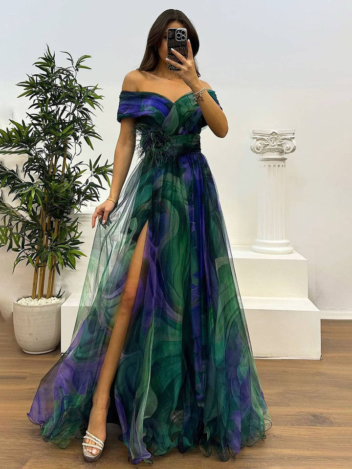 Drune | Herrliches Langes Kleid aus Bedrucktem Tüll mit Floralem Bootsausschnitt, Schlitzseite, Ärmellos, Elegant, Vintage, Abendkleid für Frauen
