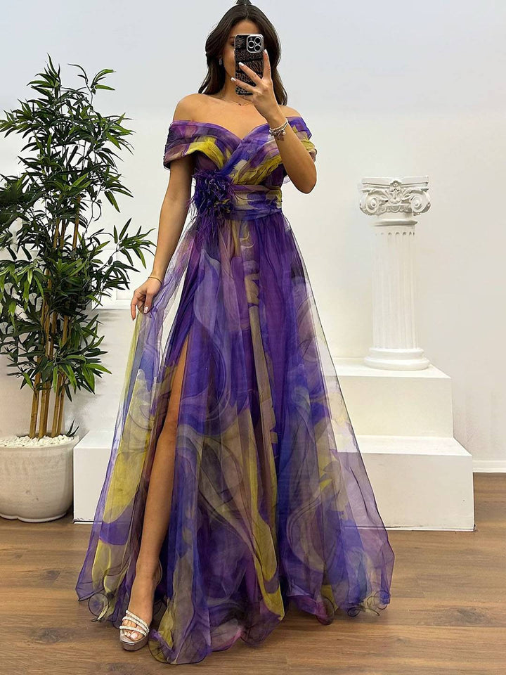 Drune | Herrliches Langes Kleid aus Bedrucktem Tüll mit Floralem Bootsausschnitt, Schlitzseite, Ärmellos, Elegant, Vintage, Abendkleid für Frauen