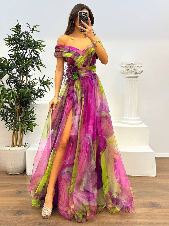 Drune | Herrliches Langes Kleid aus Bedrucktem Tüll mit Floralem Bootsausschnitt, Schlitzseite, Ärmellos, Elegant, Vintage, Abendkleid für Frauen