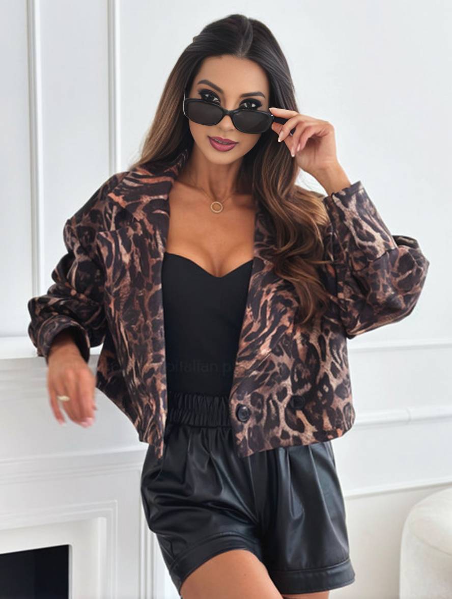 Drune | Kurz Leoparden-Motorradjacke mit Knöpfen, Langarm, Damen, Elegant, Lässig, Mode Perfecto