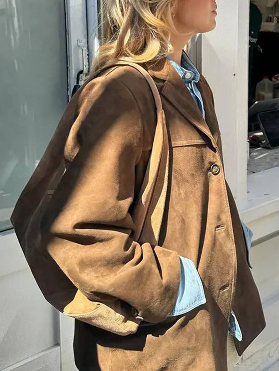 Drune | Blazer Wildleder Knopf Taschen Lange Ärmel Damen Elegant Vintage Lässig Wildlederjacke