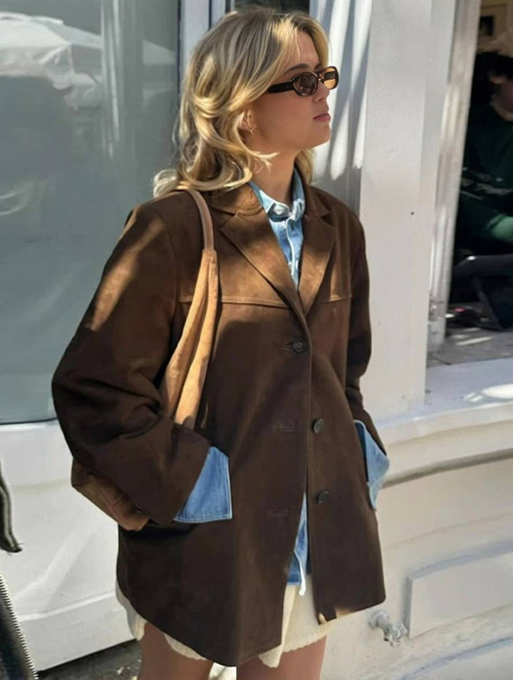 Drune | Blazer Wildleder Knopf Taschen Lange Ärmel Damen Elegant Vintage Lässig Wildlederjacke