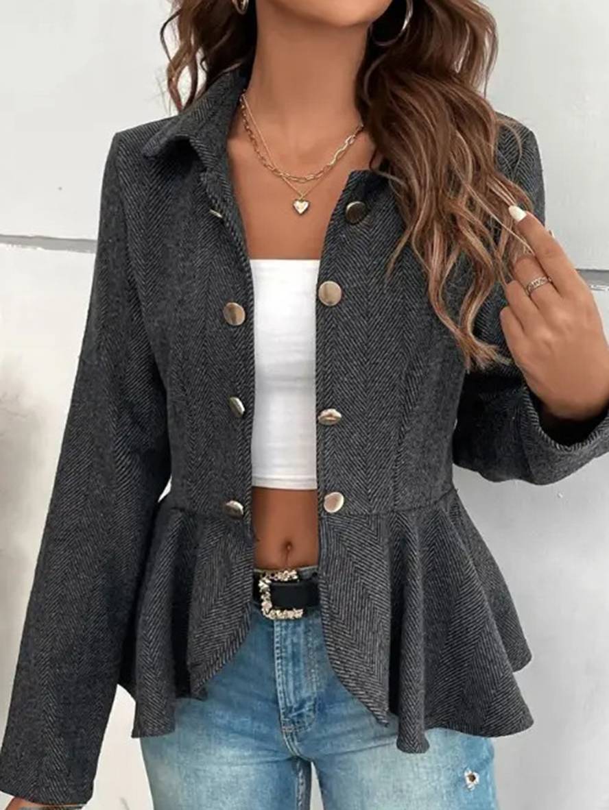 Drune | Kurzer Blazer Chevron Peplum Doppelter Knopf Verschluss Reverskragen Lange Ärmel Damen Elegant Lässig Jacke