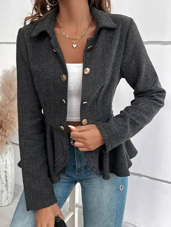 Drune | Kurzer Blazer Chevron Peplum Doppelter Knopf Verschluss Reverskragen Lange Ärmel Damen Elegant Lässig Jacke
