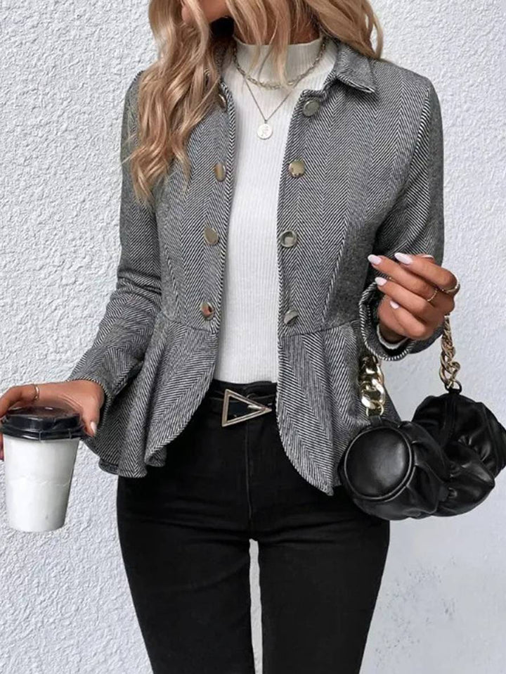 Drune | Kurzer Blazer Chevron Peplum Doppelter Knopf Verschluss Reverskragen Lange Ärmel Damen Elegant Lässig Jacke