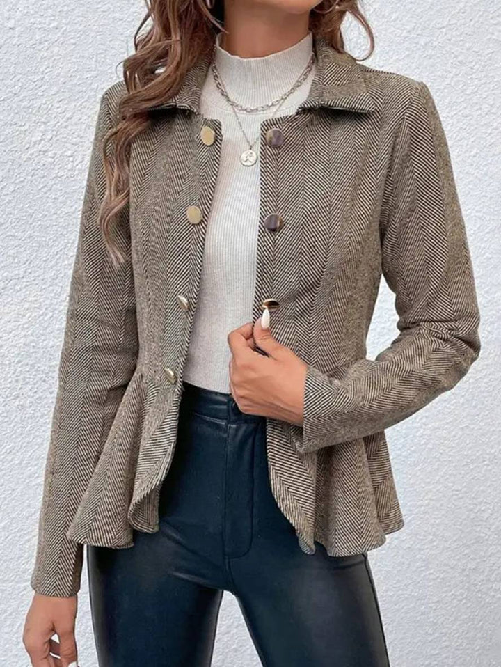 Drune | Kurzer Blazer Chevron Peplum Doppelter Knopf Verschluss Reverskragen Lange Ärmel Damen Elegant Lässig Jacke