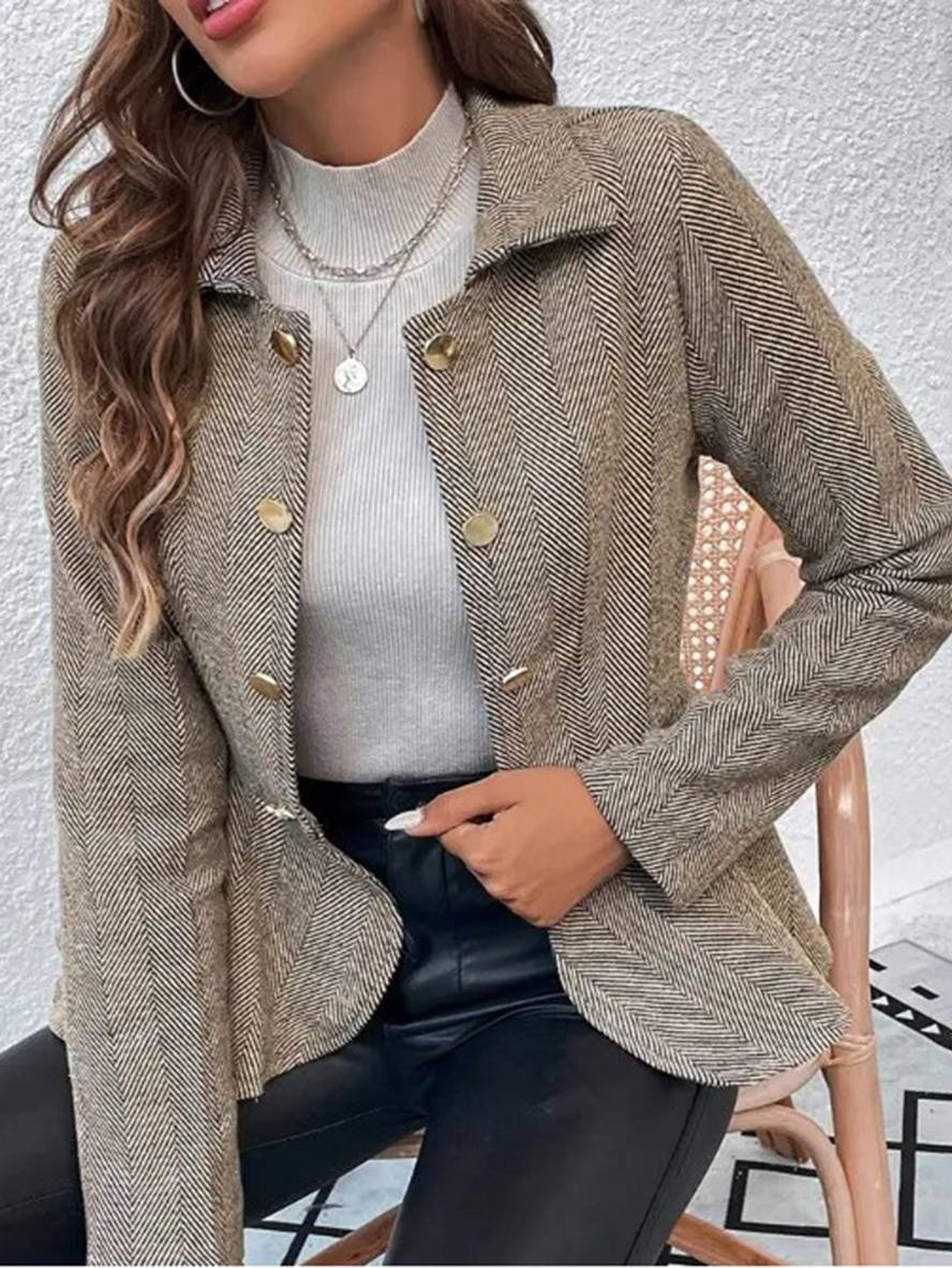 Drune | Kurzer Blazer Chevron Peplum Doppelter Knopf Verschluss Reverskragen Lange Ärmel Damen Elegant Lässig Jacke