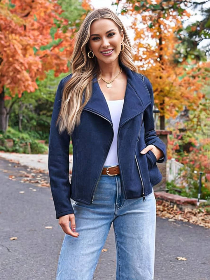 Drune | Perfekte Wildlederjacke aus Suedine mit Reißverschlusstaschen Reverskragen Lange Ärmel Damen Lässige Mode