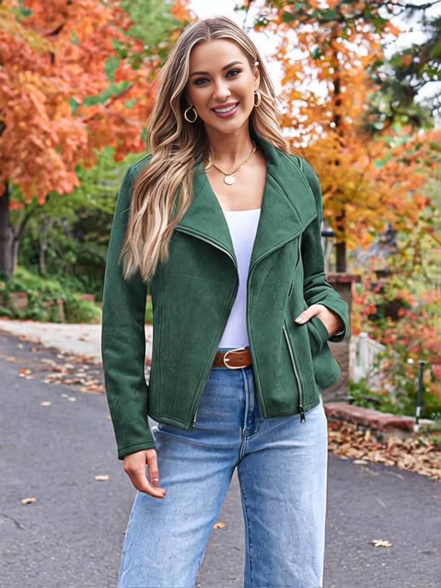 Drune | Perfekte Wildlederjacke aus Suedine mit Reißverschlusstaschen Reverskragen Lange Ärmel Damen Lässige Mode