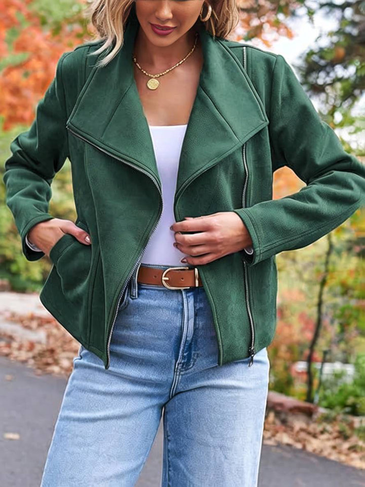 Drune | Perfekte Wildlederjacke aus Suedine mit Reißverschlusstaschen Reverskragen Lange Ärmel Damen Lässige Mode