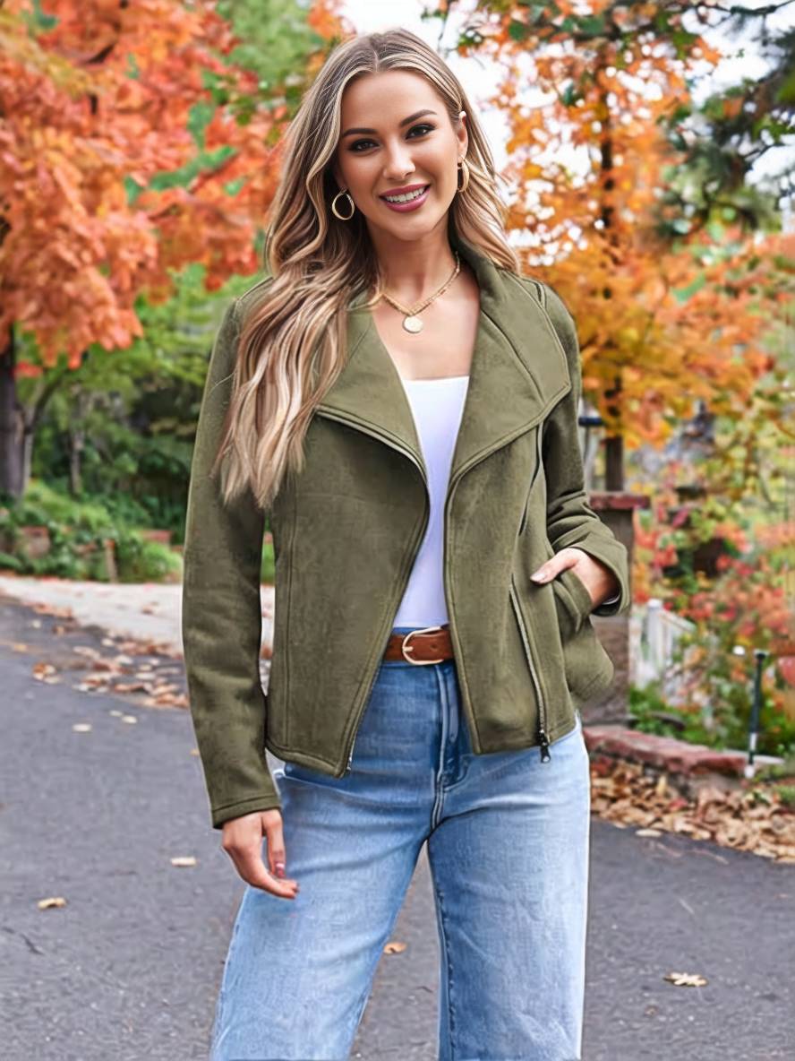 Drune | Perfekte Wildlederjacke aus Suedine mit Reißverschlusstaschen Reverskragen Lange Ärmel Damen Lässige Mode
