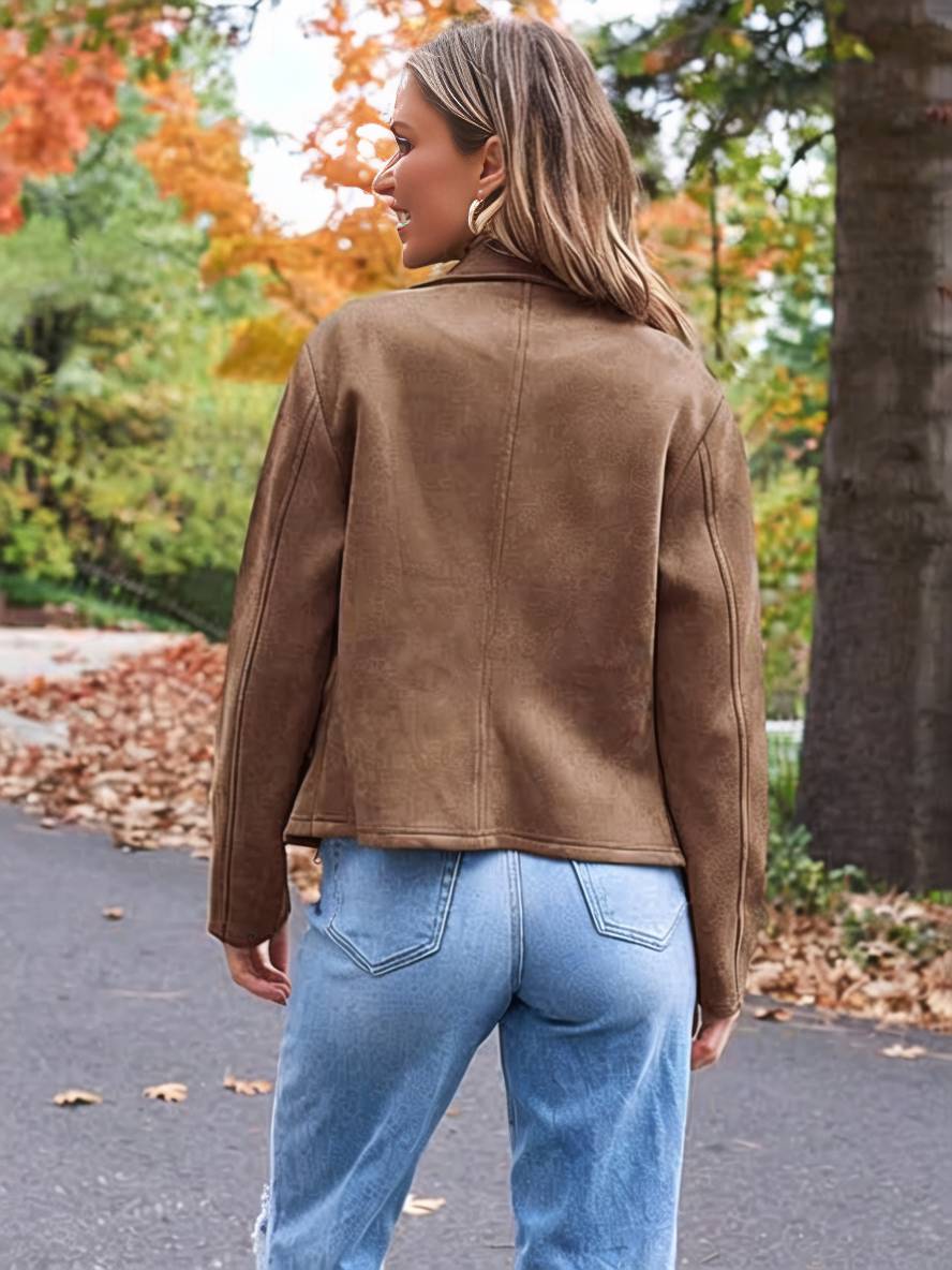 Drune | Perfekte Wildlederjacke aus Suedine mit Reißverschlusstaschen Reverskragen Lange Ärmel Damen Lässige Mode