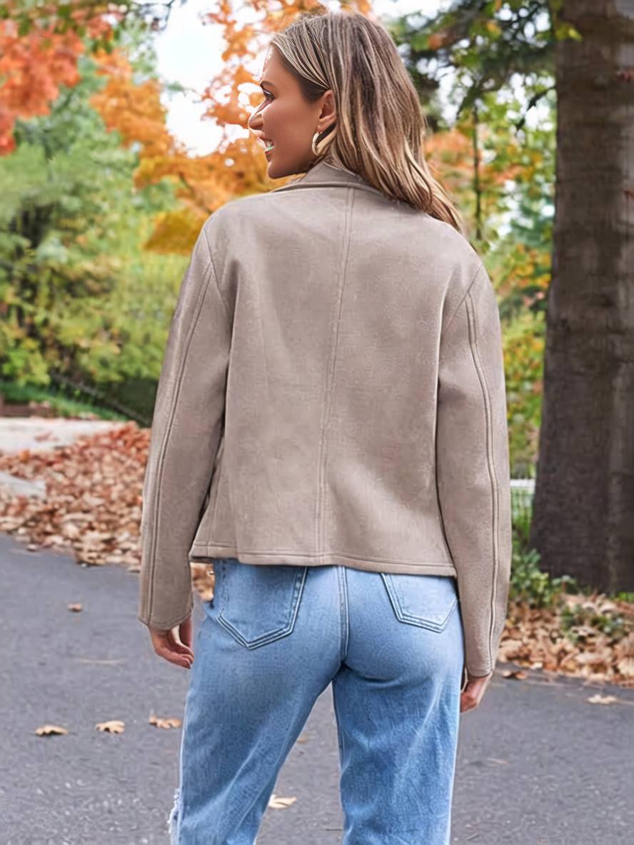 Drune | Perfekte Wildlederjacke aus Suedine mit Reißverschlusstaschen Reverskragen Lange Ärmel Damen Lässige Mode