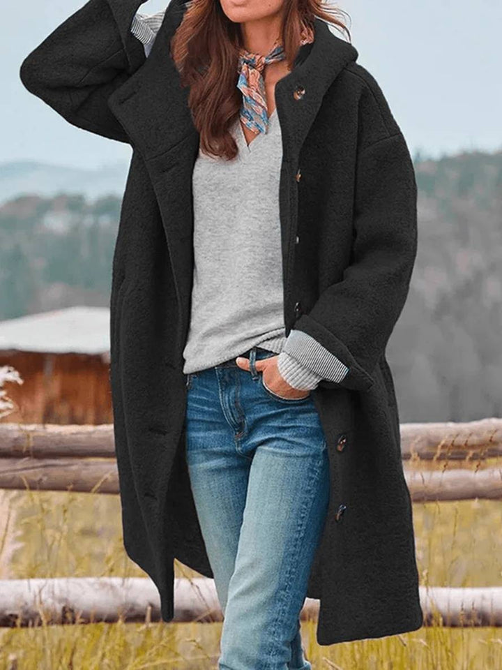 Drune | Mid-Length Wollmantel mit Kapuze Knopfverschluss Taschen Lange Ärmel Damen Oversized Lässig Fett