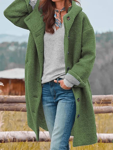 Drune | Mid-Length Wollmantel mit Kapuze Knopfverschluss Taschen Lange Ärmel Damen Oversized Lässig Fett
