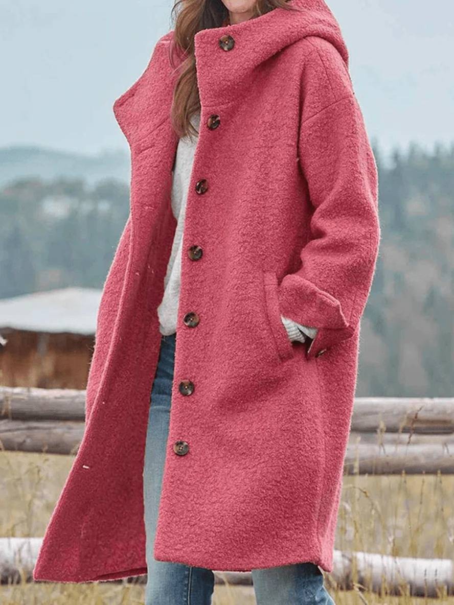 Drune | Mid-Length Wollmantel mit Kapuze Knopfverschluss Taschen Lange Ärmel Damen Oversized Lässig Fett