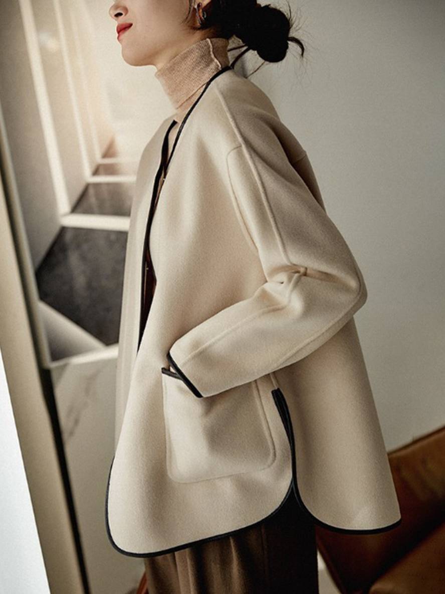 Drune | Kurz Mantel aus Wolle Taschen Rundhals Lange Ärmel Damen Elegante Mode Jacke