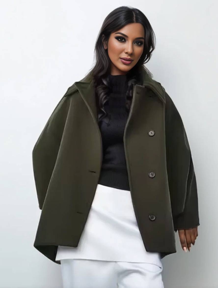 Drune | Mid-Langer Wollmantel mit Reverskragen Taschen Fledermausärmel Lange Ärmel Damen Elegant Lässig Oversized Jacke