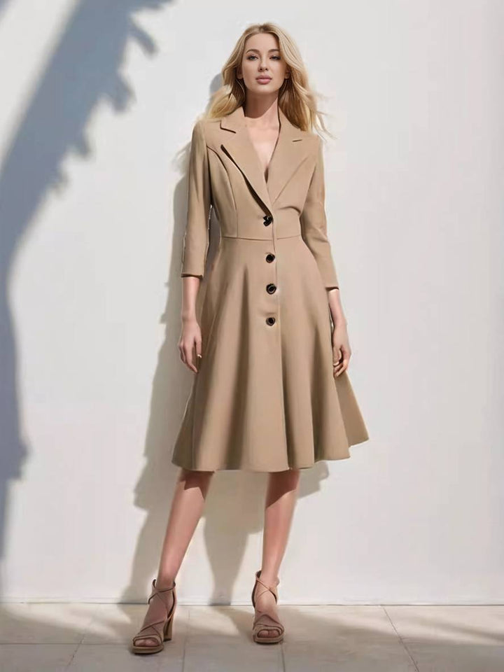 Drune | Mid-Length Mantel aus Wolle A-Linie Knöpfe Reverskragen Lange Ärmel Damen Elegant Casual Casual Weste