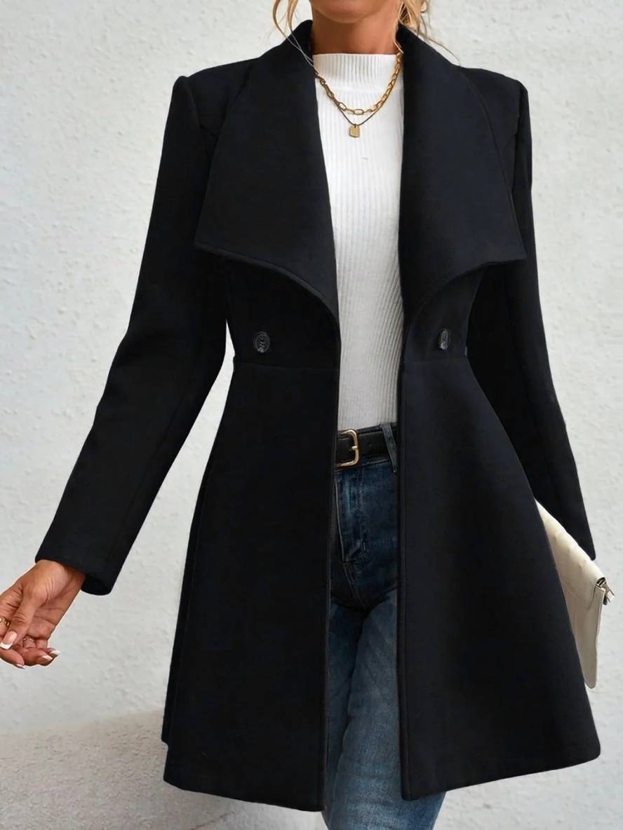 Drune | Mittelanger Wollmantel Einfarbig mit Knöpfen, mit Reverskragen, Langen Ärmeln, Elegante, Lässige Jacke für Frauen