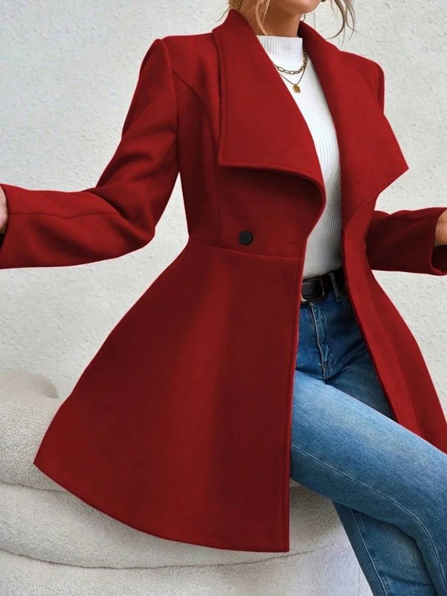Drune | Mittelanger Wollmantel Einfarbig mit Knöpfen, mit Reverskragen, Langen Ärmeln, Elegante, Lässige Jacke für Frauen
