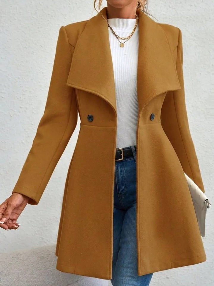 Drune | Mittelanger Wollmantel Einfarbig mit Knöpfen, mit Reverskragen, Langen Ärmeln, Elegante, Lässige Jacke für Frauen